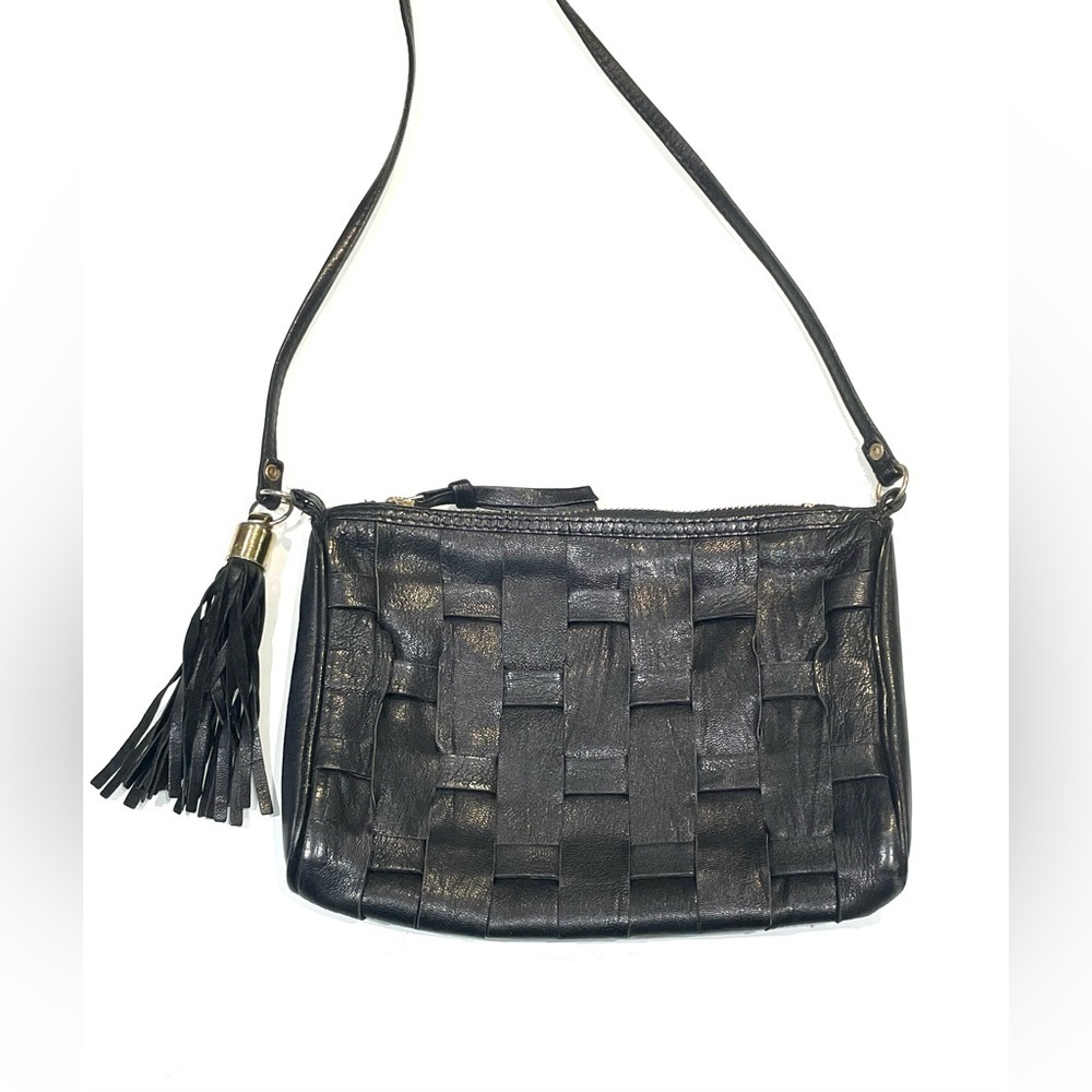 Black Topshop Real Leather Basket Weave Crossbody/Shoulder Bag/Purse with Tassel - Picture 3 of 11